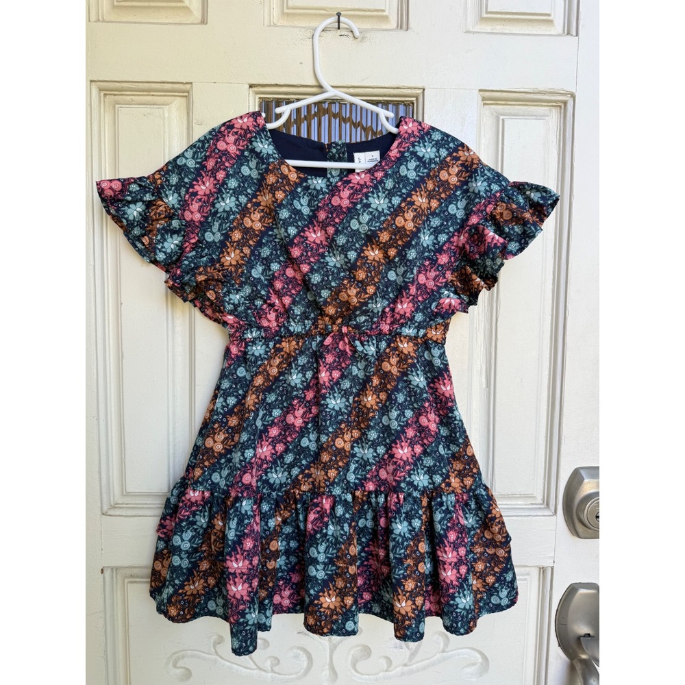 Janie and Jack Girls Floral Stripe Flutter Sleeve Ruffle Dress Navy Pink Size 5
